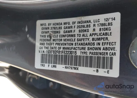 2015 Honda Civic Ex from USA, damaged, VIN 19XFB2F81FE223015